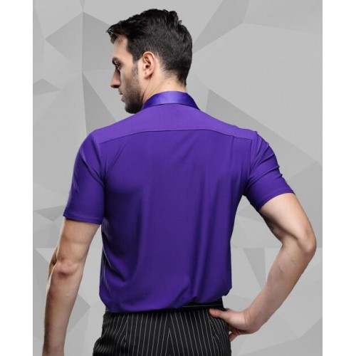 Purple violet stand collar short sleeves men's male competition performance ballroom tango waltz latin dance shirts tops